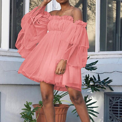 Vestido elegante de color liso con volantes y hombros descubiertos para mujer