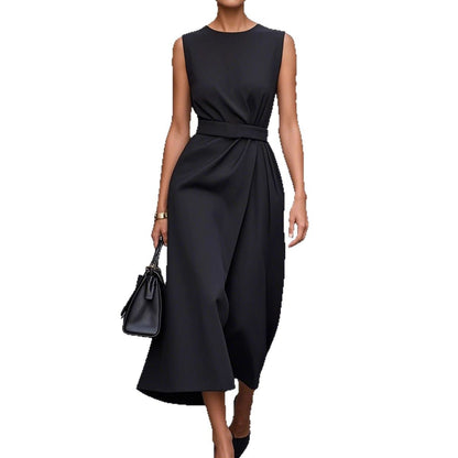 Vestido casual sin mangas de color sólido para mujer con cuello redondo
