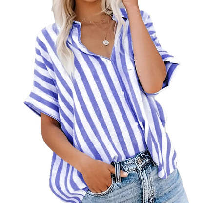 Blusa informal de manga corta con estampado de rayas y solapa para mujer
