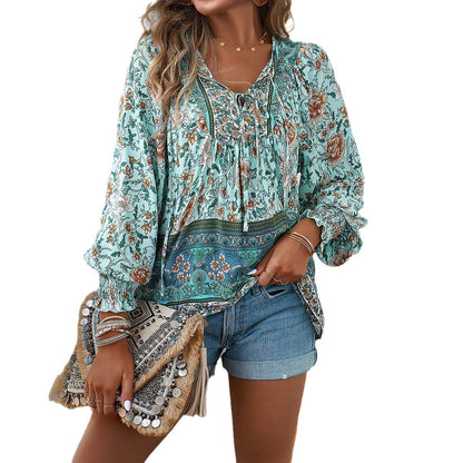 Women Fashion Boho Vacation Printed V-Neck Long-Sleeve Lace-Up Blouse