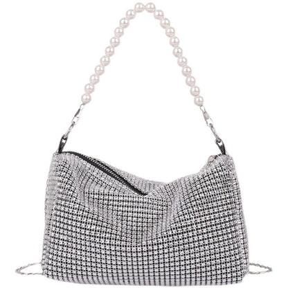 Women Rhinestone Pearl Strap Metal Chain Bag