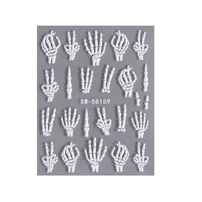 Autocollants pour ongles 5D en relief pour femmes, motif tête de mort, araignée, os, citrouille, Halloween
