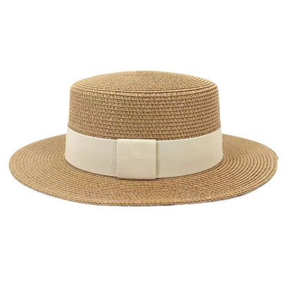 Sombrero de copa plana de paja elegante e informal a la moda para mujer con correas
