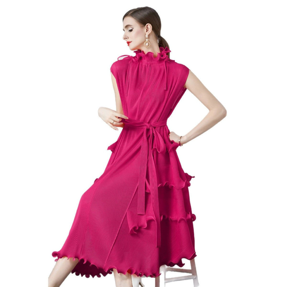 Women Solid Color Pleated Chiffon Dress