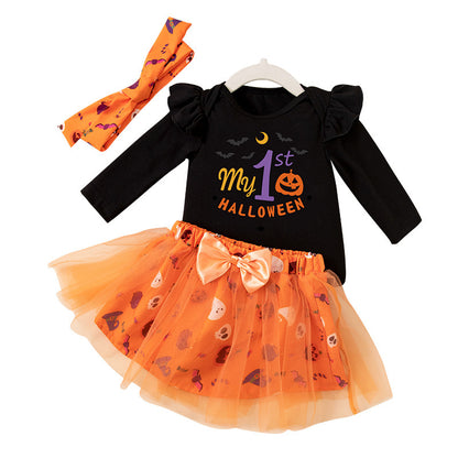 Conjunto de mono y falda con calabaza y alfabeto de Halloween para niñas pequeñas