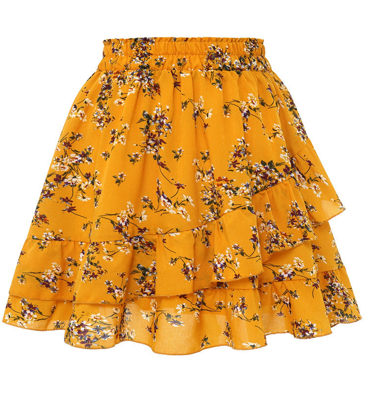Falda elegante con volantes y estampado floral irregular a la moda para mujer