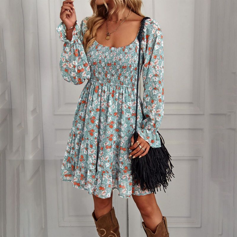 Women's Fashion Boho Style Floral Printing U-Neck Ruffled Dress