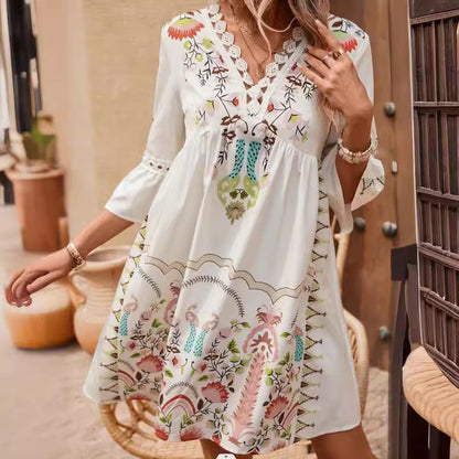 Bohemian Women Casual V-Neck Lace-Patchwork Printed Dress