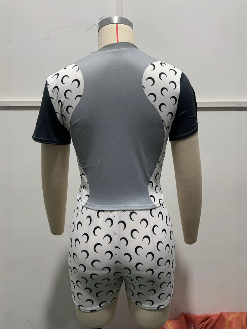 Women Fashion Color Block Short Sleeve Top And Shorts Set