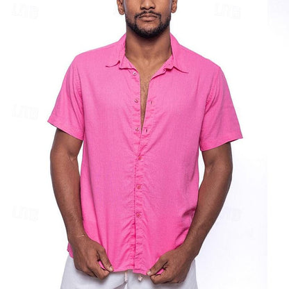 Camisa informal de algodón de manga corta y color liso para hombre con cuello de solapa