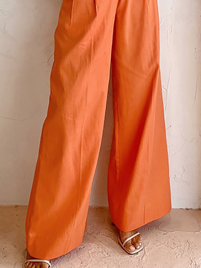 Pantalones anchos de lino y algodón con cintura alta informales a la moda para mujer