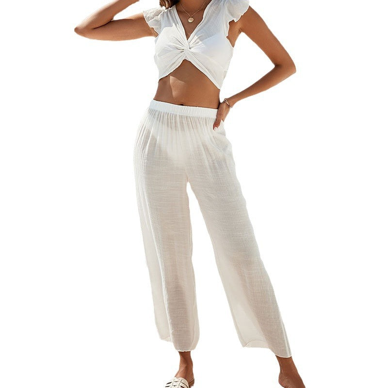 Women Vacation Beach Ruffled Crop Blouse Set