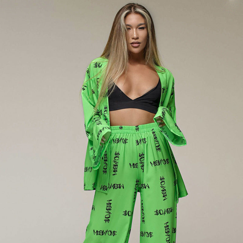 Women Loose Casual Fashion Printed Silk Pajamas Set