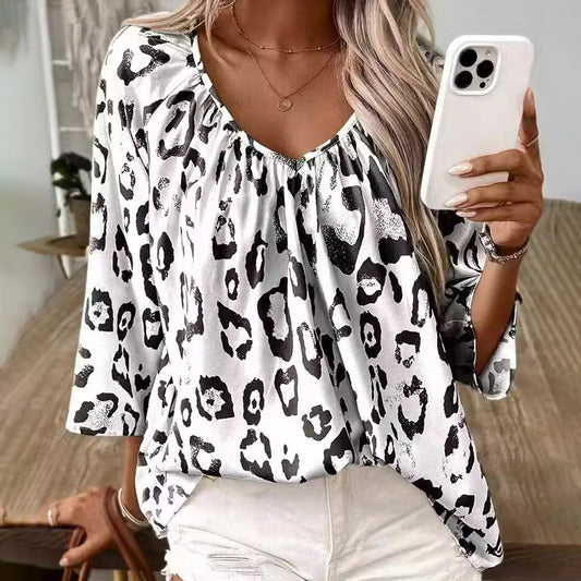 Women Fashion Casual Pleated Leopard V-Neck Blouse