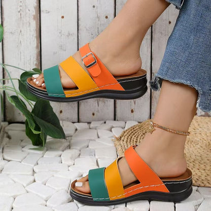 Women Fashion Casual Colorblock Wedge Slippers