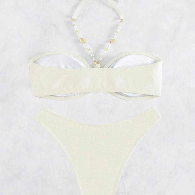Sexy Women Summer Vacation Pearl Strap Halter Neck Bikini Swimwear Set