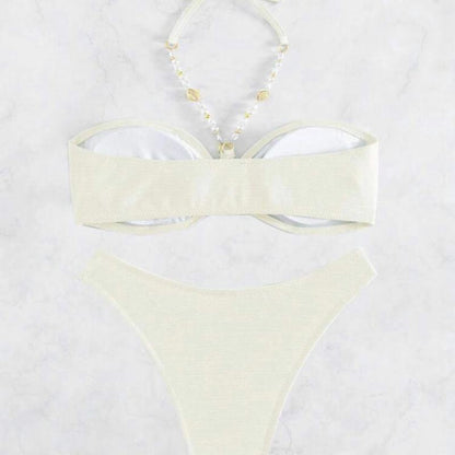 Sexy Women Summer Vacation Pearl Strap Halter Neck Bikini Swimwear Set