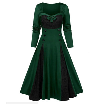 Women Gothic Skull Lace Stitching Color Contrast Dress