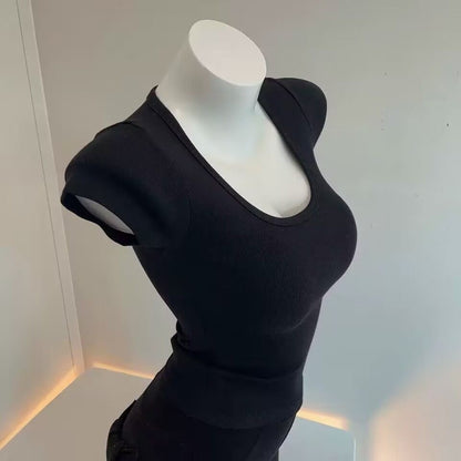 T-shirt slim à col en U pour femme, couleur unie, en mélange de polyester