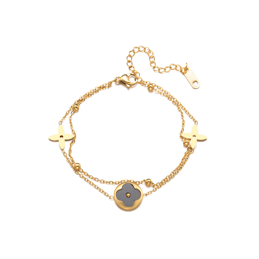 Fashion Double Layer Four Leaf Clover Titanium Steel Bracelet for Couples