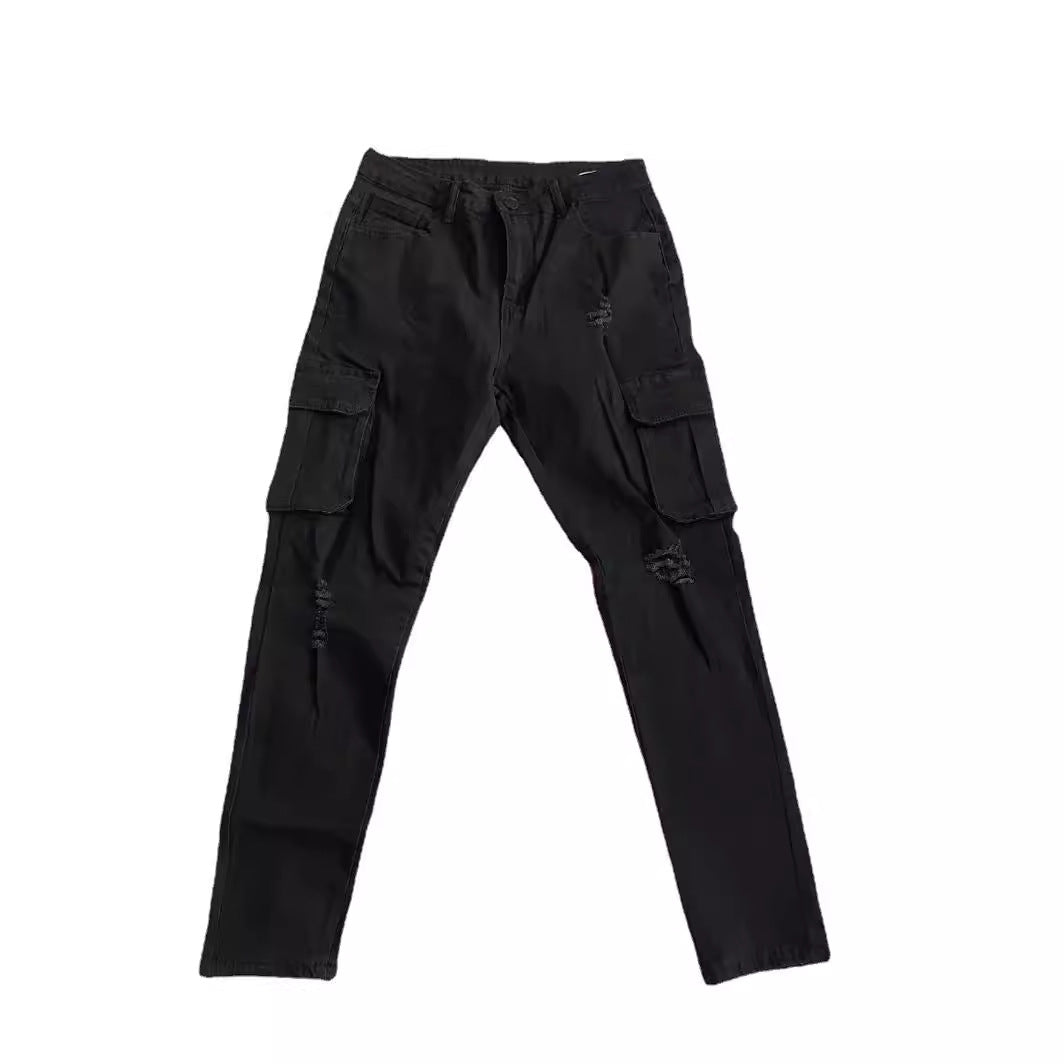 Men Casual Solid Color Stretch Denim Jeans with Multi-Pockets