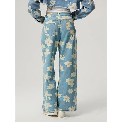 Vaqueros rectos con estampado floral retro para mujer