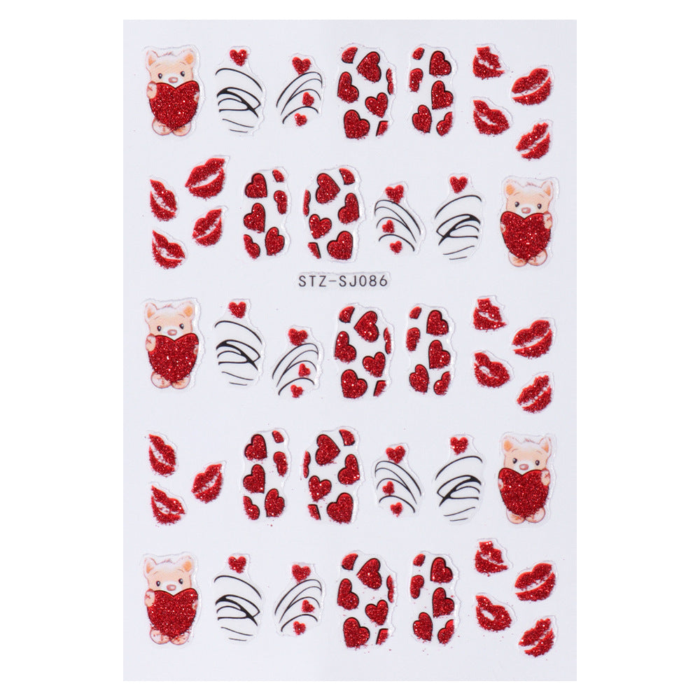 Pegatinas adhesivas para uñas con diseño de oso con purpurina para San Valentín