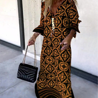 Women Casual Boho Style Geometry Stripe Print Long Sleeve V Neck Maxi Dress