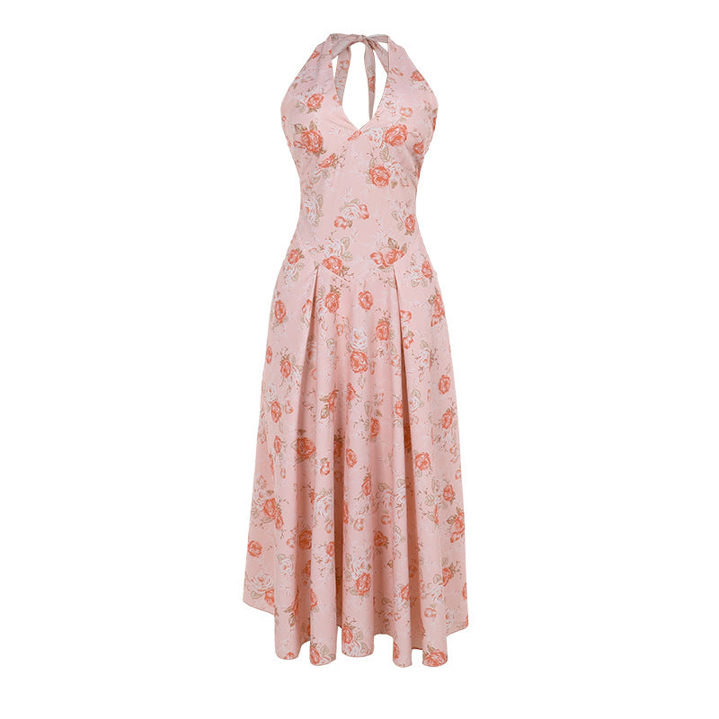 Women Fashion Sexy Elegant Floral Printed Halter-Neck Dress