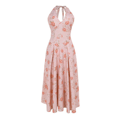 Women Fashion Sexy Elegant Floral Printed Halter-Neck Dress