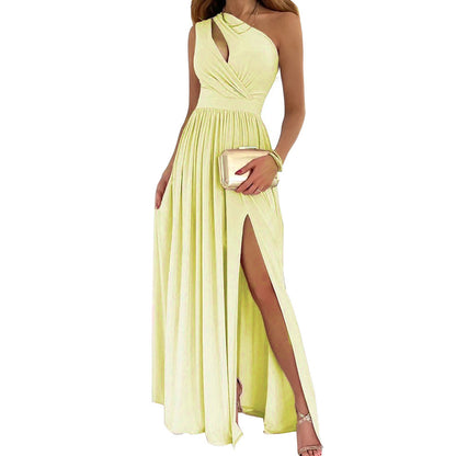 Women Fashion Sexy Slant Shoulder Hollow-Out Sleeveless High Waist Dress