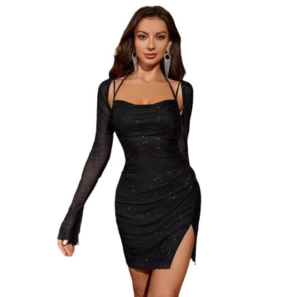 Robe sexy à lacets et col en V pour femme avec fente