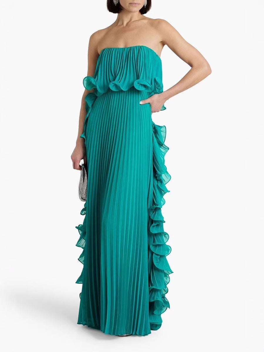 Women's Solid Color Tube Top Pleated Maxi Dress