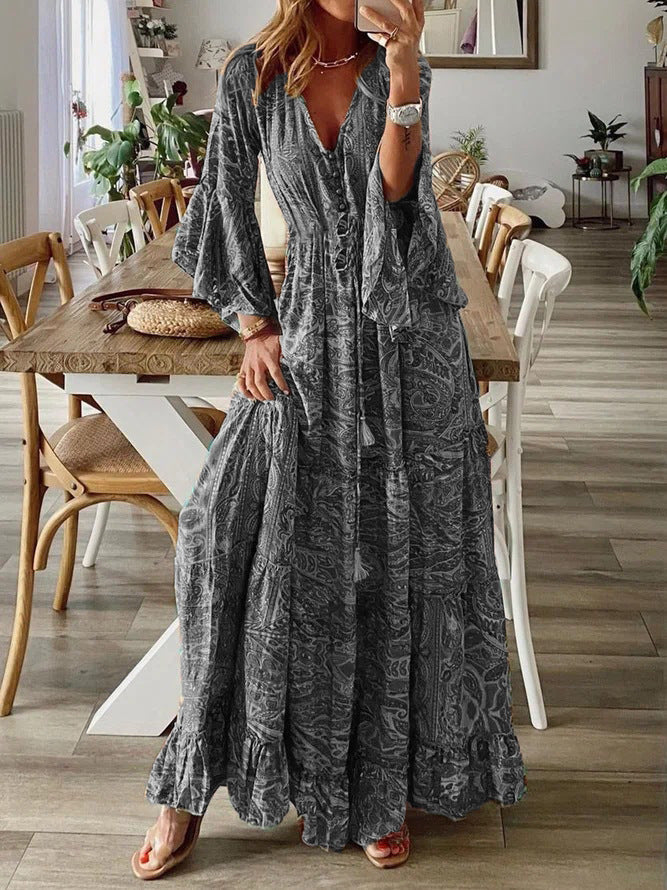 Women Fashion Casual Bohemian Tiny Flower Print V-Neck Horn Sleeve Maxi Dress