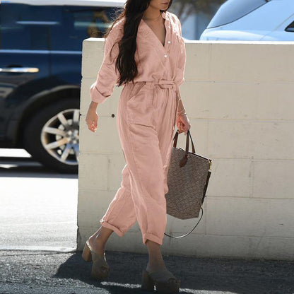 Women Fashion Casual Solid Color Cotton Jumpsuit