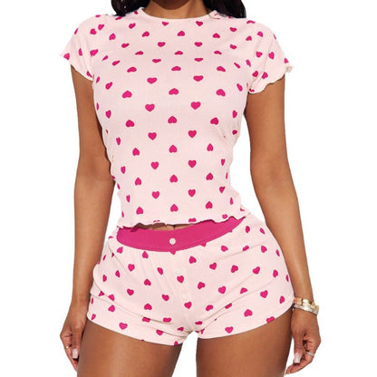 Women‚Äôs Casual Love Print Short-Sleeve Knitting Pajama Set