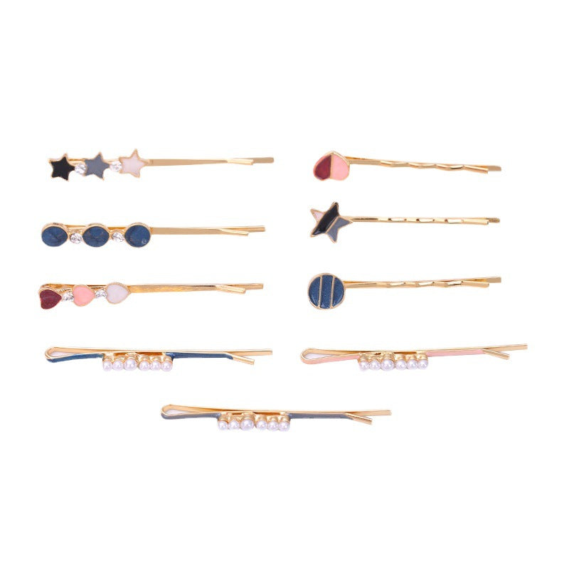 Women Fashion Round Multicolor Beads Rhinestone Hairpin Set
