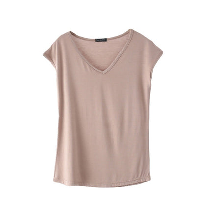 Camiseta informal de manga corta con cuello en V y color liso para mujer