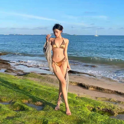 Bikini de satén de color sólido sexy de moda de verano para mujer