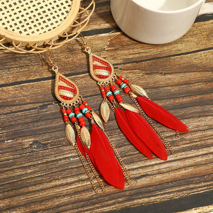 High-Value Feather Bohemian Long Tassel Earrings