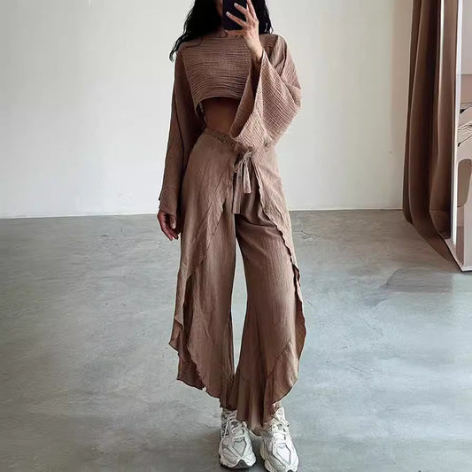 Women Fashion Loose Cotton Linen Long-Sleeve Set