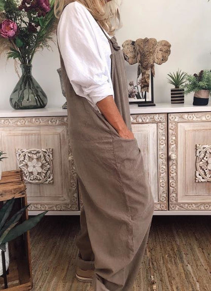 Women Casual Solid Color Cotton Linen Sleeveless Jumpsuit