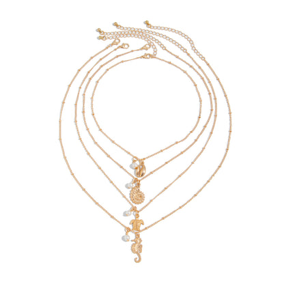 Conjunto de collar de perlas de aleación con diseño de tortuga y caballito de mar para mujer