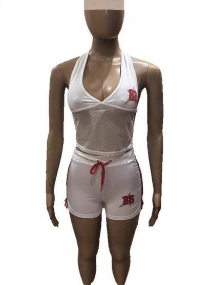 Women Fashion Contrast Color Halter Neck Crop Top with Low Waist Shorts Two-Piece Set