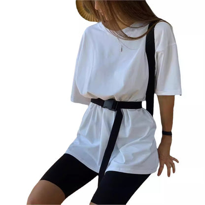 Conjunto informal de top y pantalones cortos de manga corta de color liso para mujer