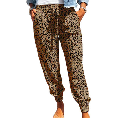 Women Fashion Casual Leopard Loose Lace-Up Pants
