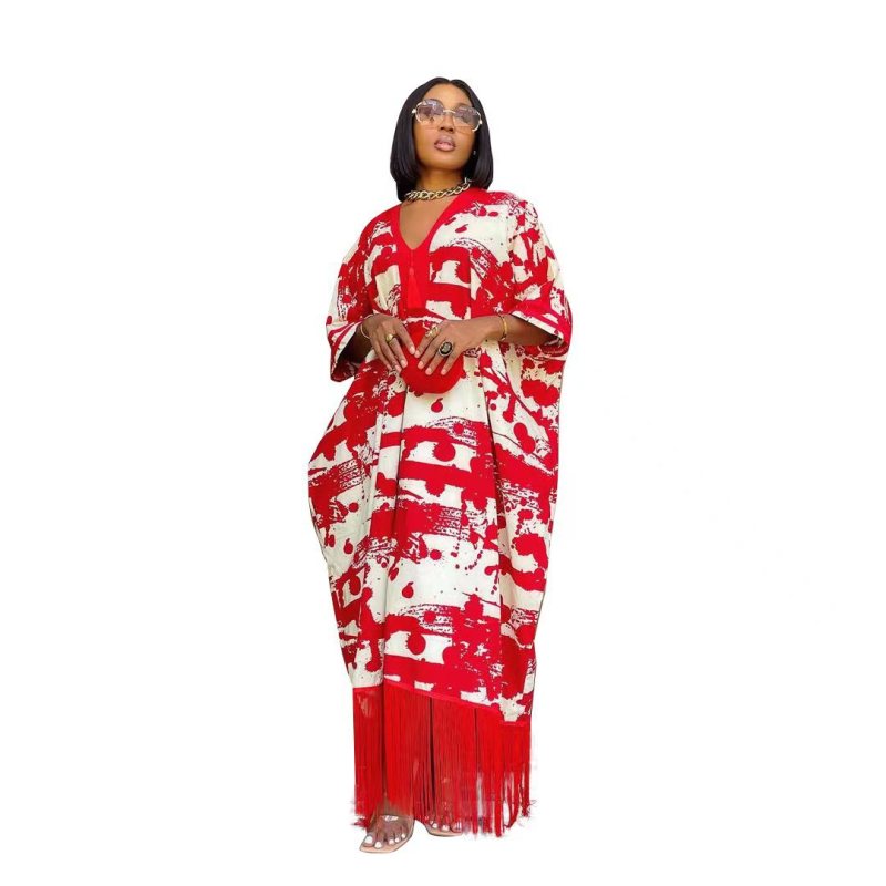 Women Fashion Boho V-Neck Tassel Loose Short Sleeve Maxi Dress