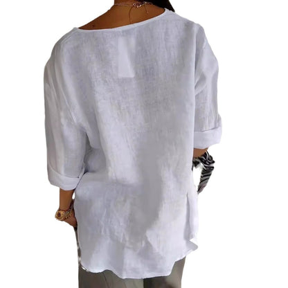 Camisa de lino y algodón de color liso, holgada e informal para mujer, cómoda y elegante.