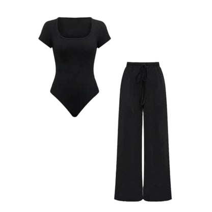 Women’s Solid Color Rib-Knit Bodysuit Pants Set