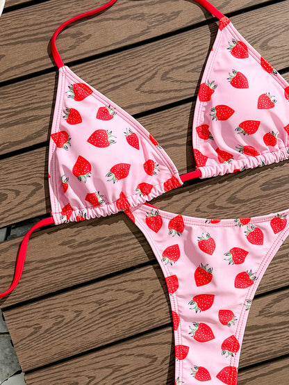 Bikini sexy con cuello halter y estampado de fresas para mujer